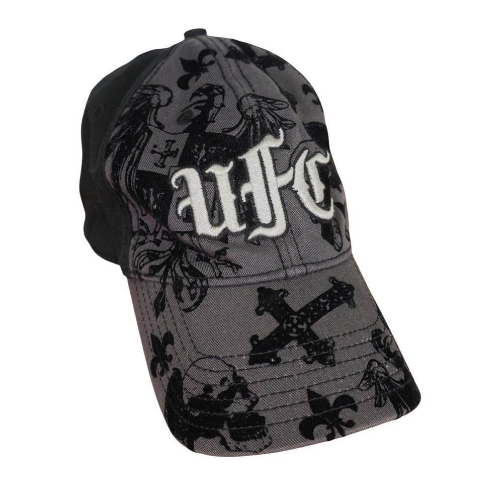 Vintage UFC Baseball Cap Grey Black Gothic Skull Cross Embroidered Hat MMA